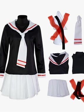 Kids Black and White Sailor Schoolgirl Costume with Red Trim - Brand: